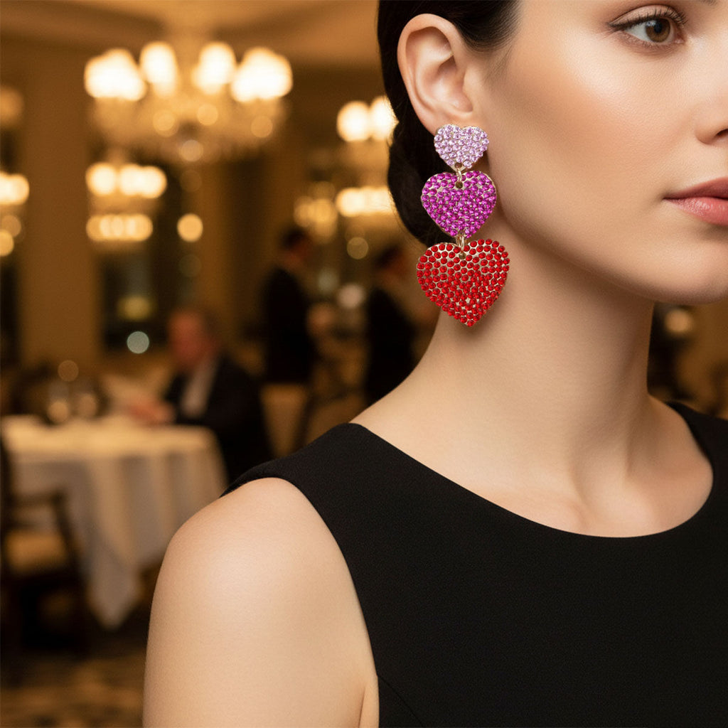 Statement Dangle Earrings Triple Heart Multicolor Rhinestone Stylish Chic