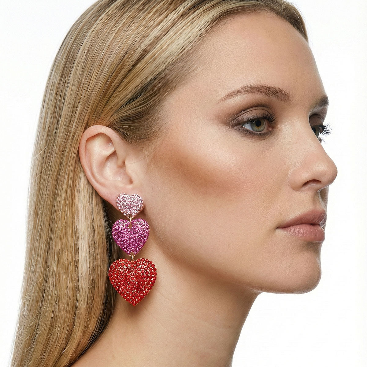 Statement Dangle Earrings Triple Heart Multicolor Rhinestone Stylish Chic