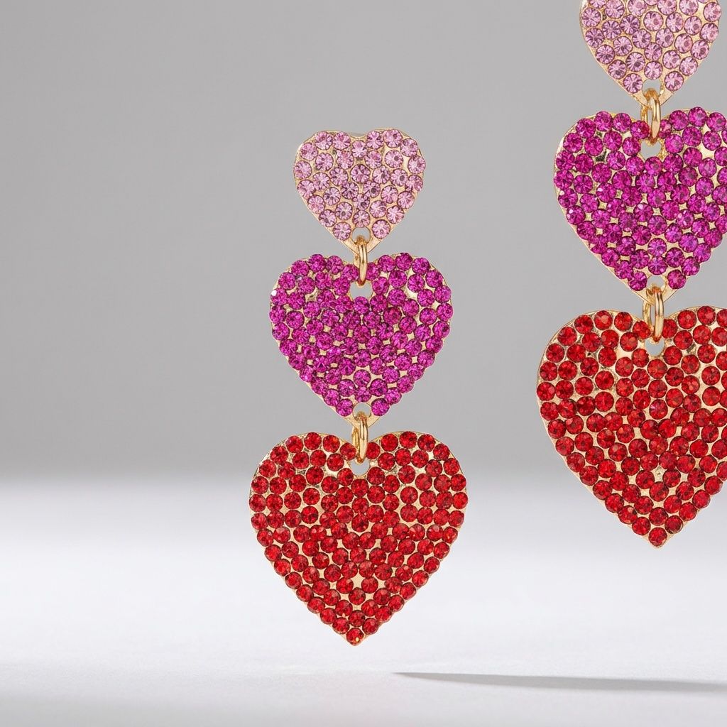 Statement Dangle Earrings Triple Heart Multicolor Rhinestone Stylish Chic