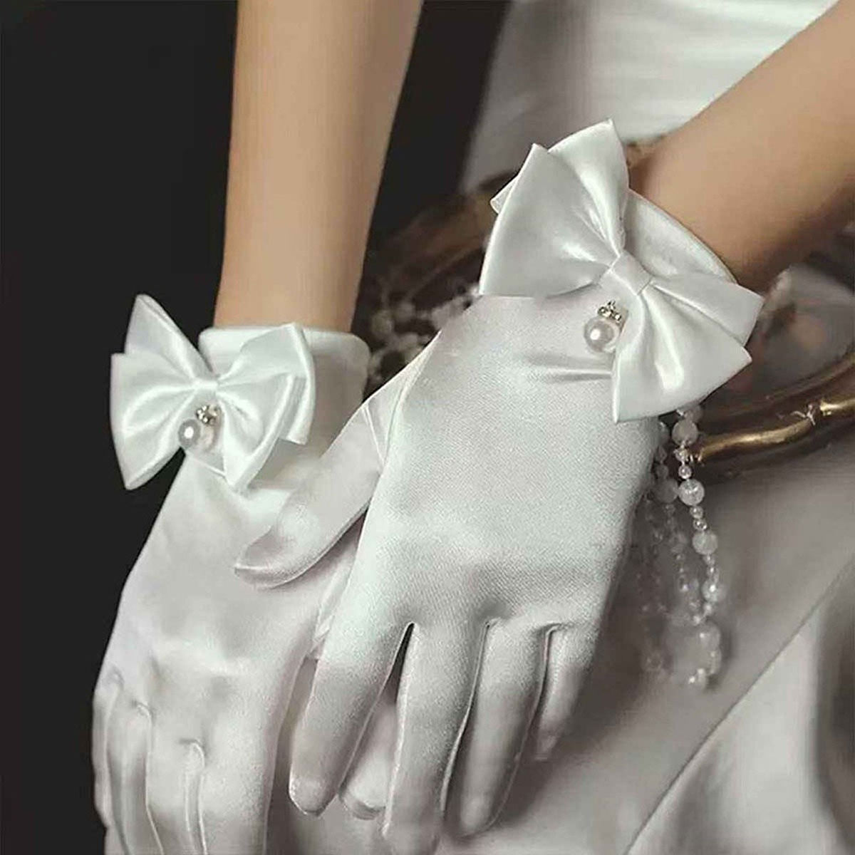 Women’s Formal Satin Gloves with Pearl and Bow Detail – Elegant Chic Accessory