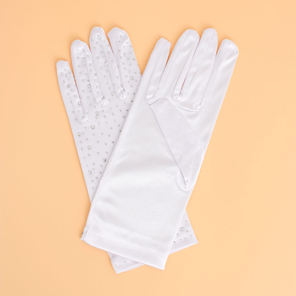 Women’s Satin Bridal Gloves Gray Rhinestone Elegant Chic Accessory