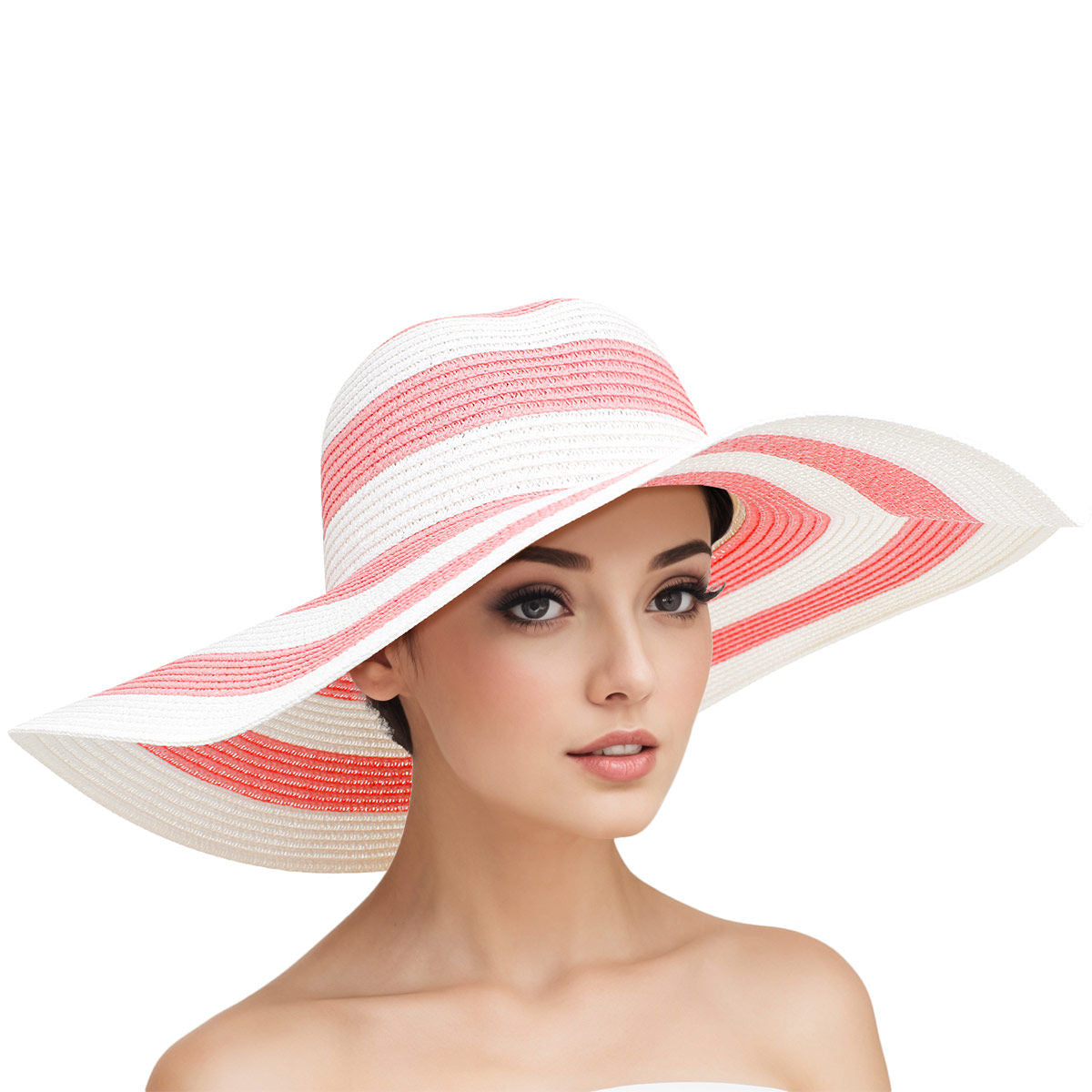 Wide Brim Straw Hat Pink White Striped Stylish Summer Accessory