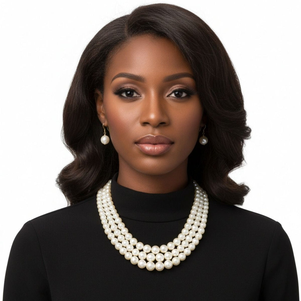 Layered 3-Strand Gold Necklace Set with Cream Pearl Accents – Stylish Elegant Statement Jewelry