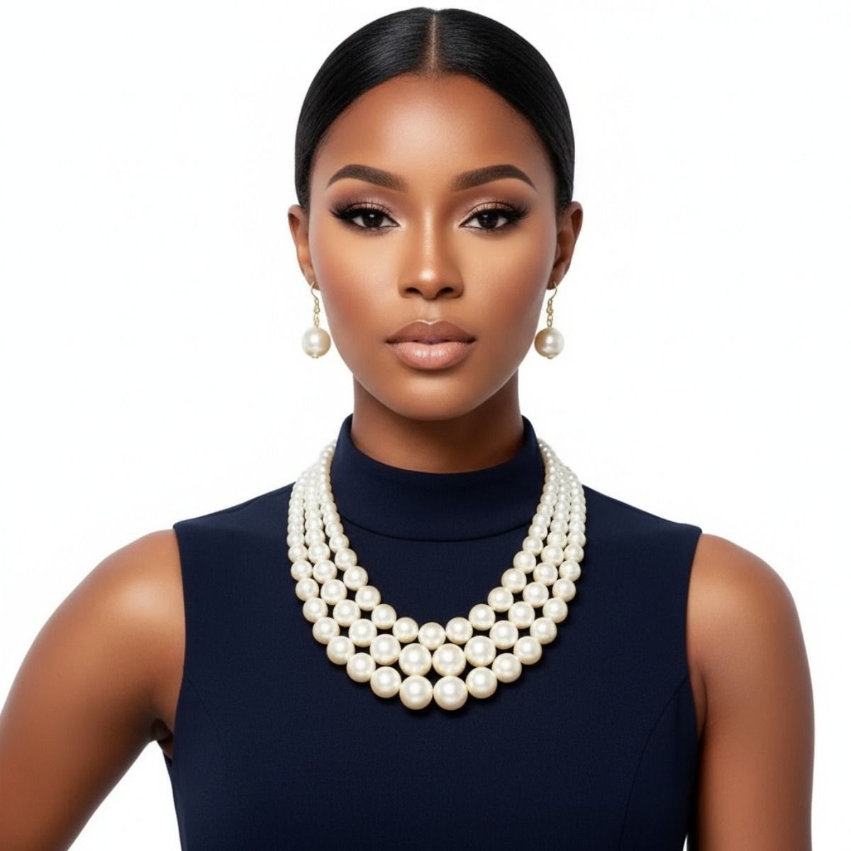 Layered 3-Strand Gold Necklace Set with Cream Pearl Accents – Stylish Elegant Statement Jewelry