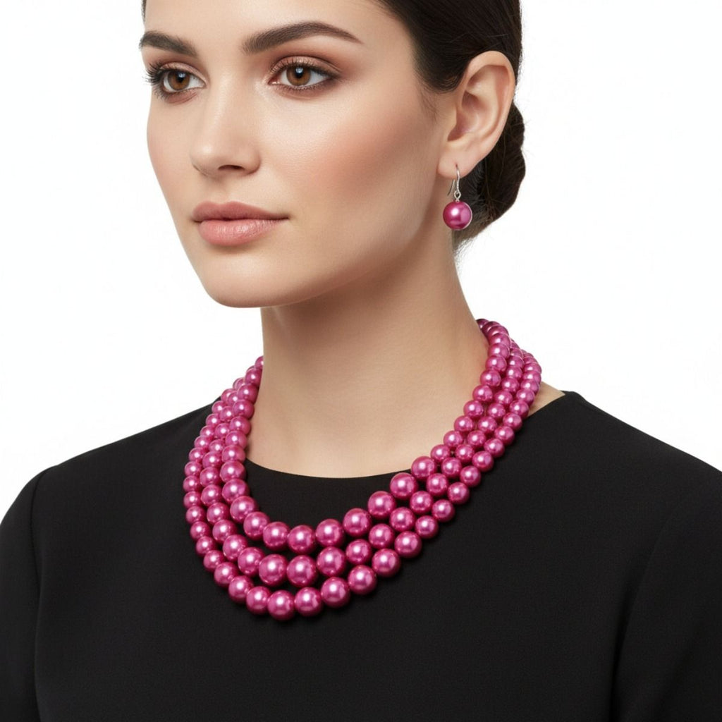 Multi Strand Fuschia Pearl Statement Necklace Set Stylish Chic Jewelry