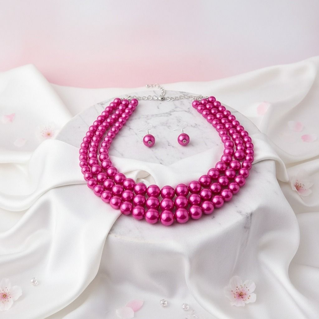 Multi Strand Fuschia Pearl Statement Necklace Set Stylish Chic Jewelry