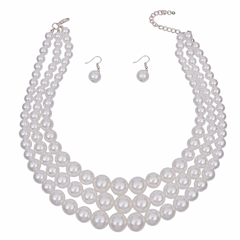 3-Strand White Pearl Layered Necklace Set Rhodium-Plated Elegant Chic Jewelry