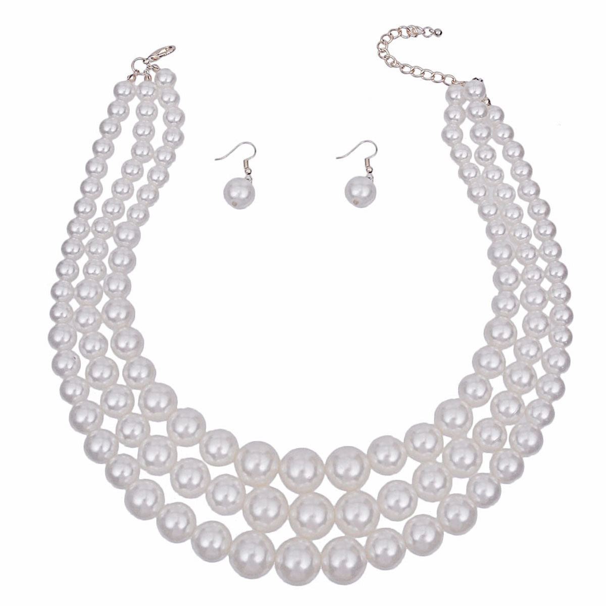 3-Strand White Pearl Layered Necklace Set Rhodium-Plated Elegant Chic Jewelry