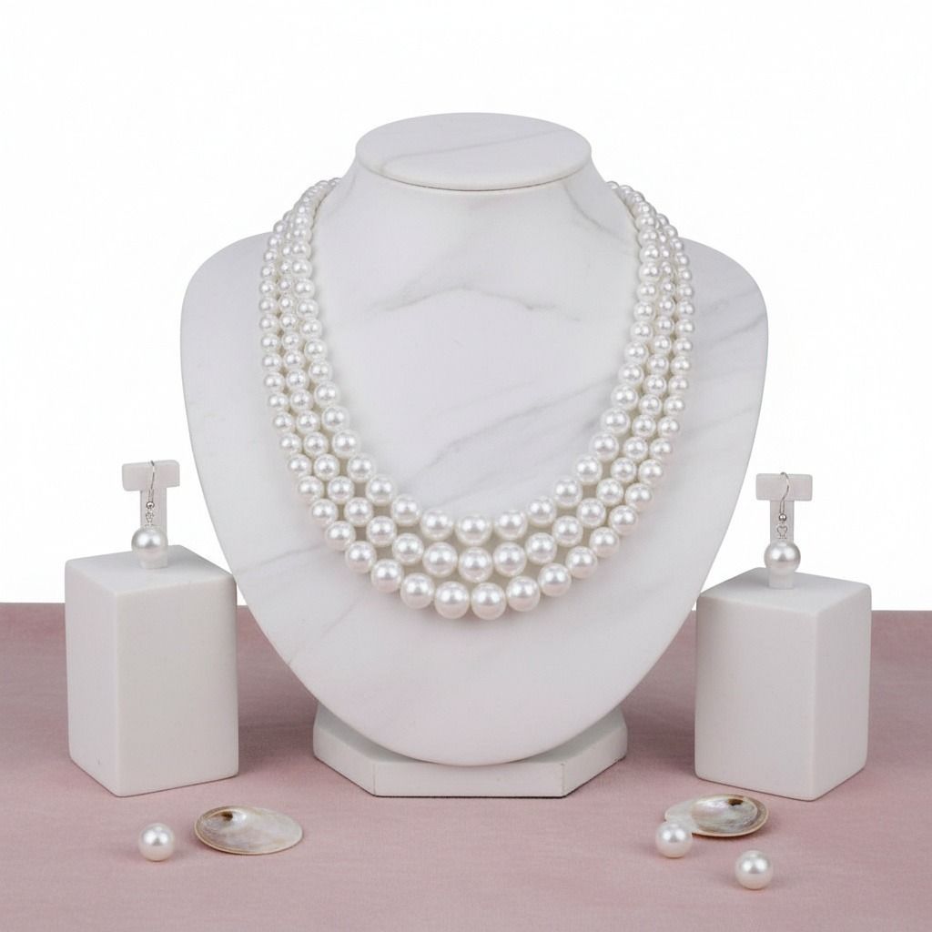 3-Strand White Pearl Layered Necklace Set Rhodium-Plated Elegant Chic Jewelry