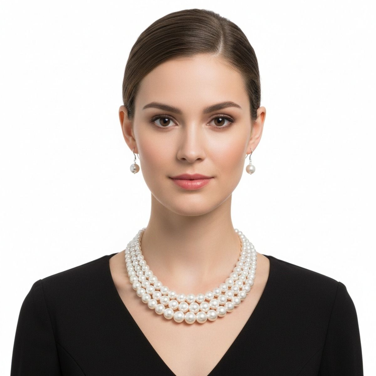 3-Strand White Pearl Layered Necklace Set Rhodium-Plated Elegant Chic Jewelry