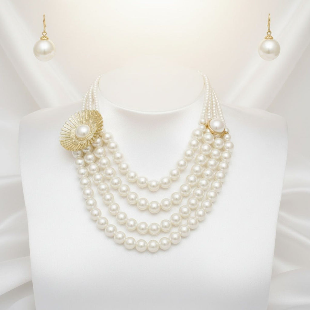 Statement Chunky Necklace Cream Pearl Floral Detail 4 Layer Layered Chic Jewelry