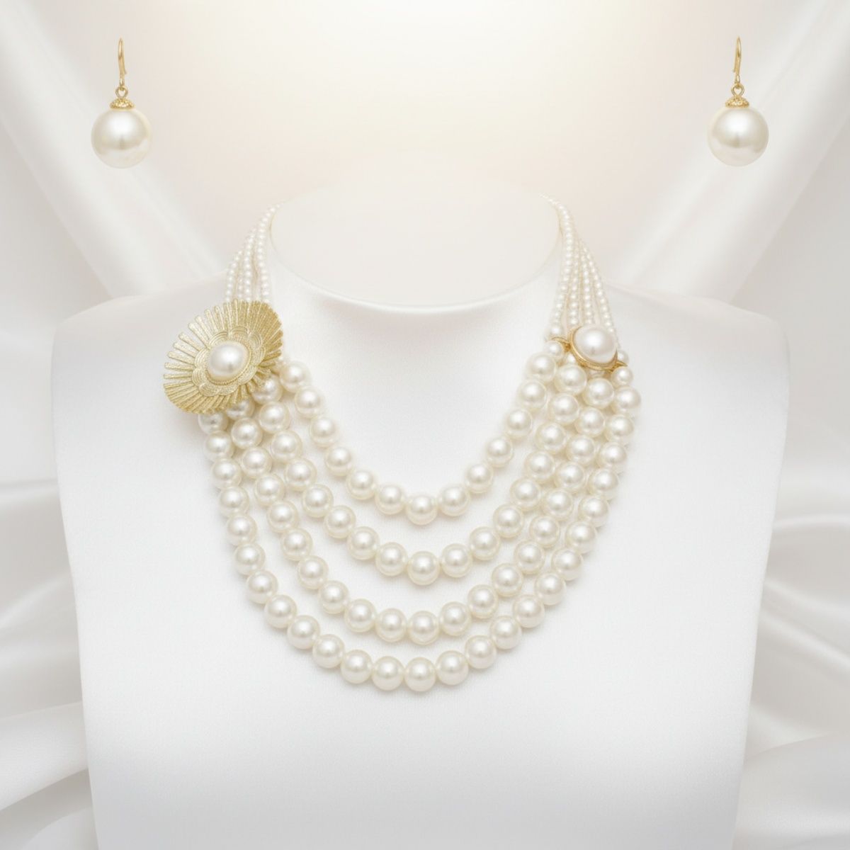 Statement Chunky Necklace Cream Pearl Floral Detail 4 Layer Layered Chic Jewelry