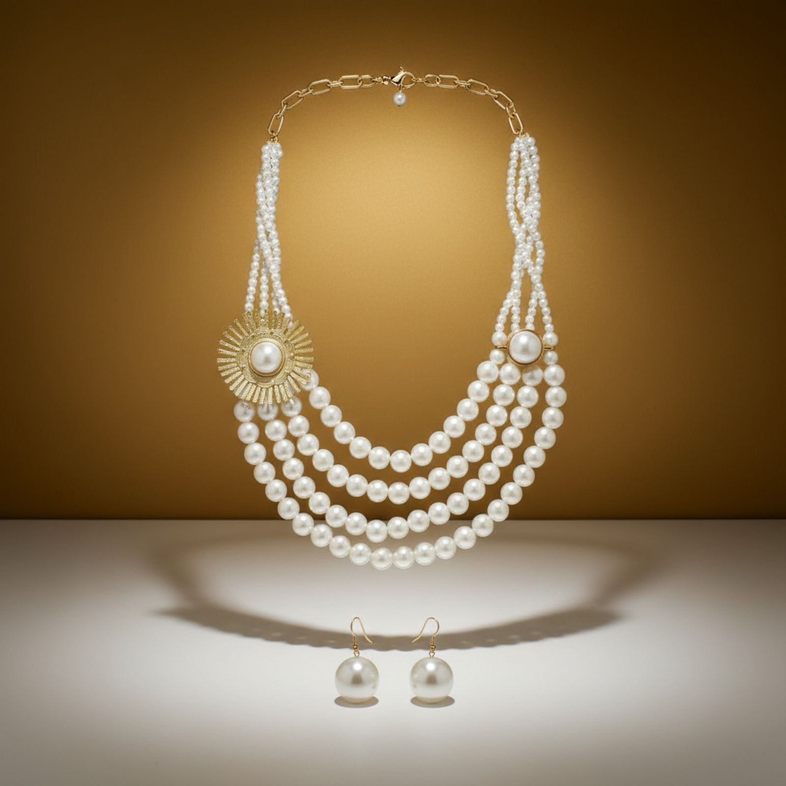 Statement Chunky Necklace Cream Pearl Floral Detail 4 Layer Layered Chic Jewelry