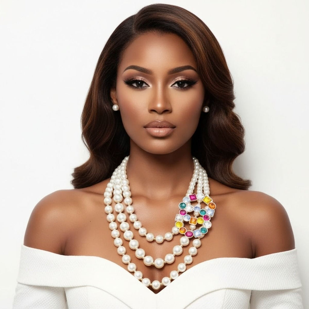 Multi-Color Infinity Ring and 3-Layer Pearl Necklace Set – Stylish Layered Statement Jewelry