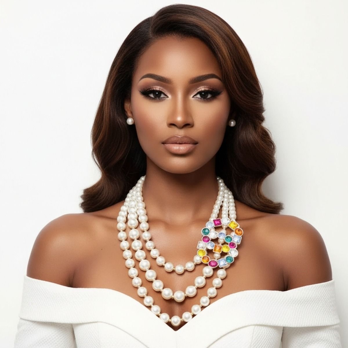 Multi-Color Infinity Ring and 3-Layer Pearl Necklace Set – Stylish Layered Statement Jewelry