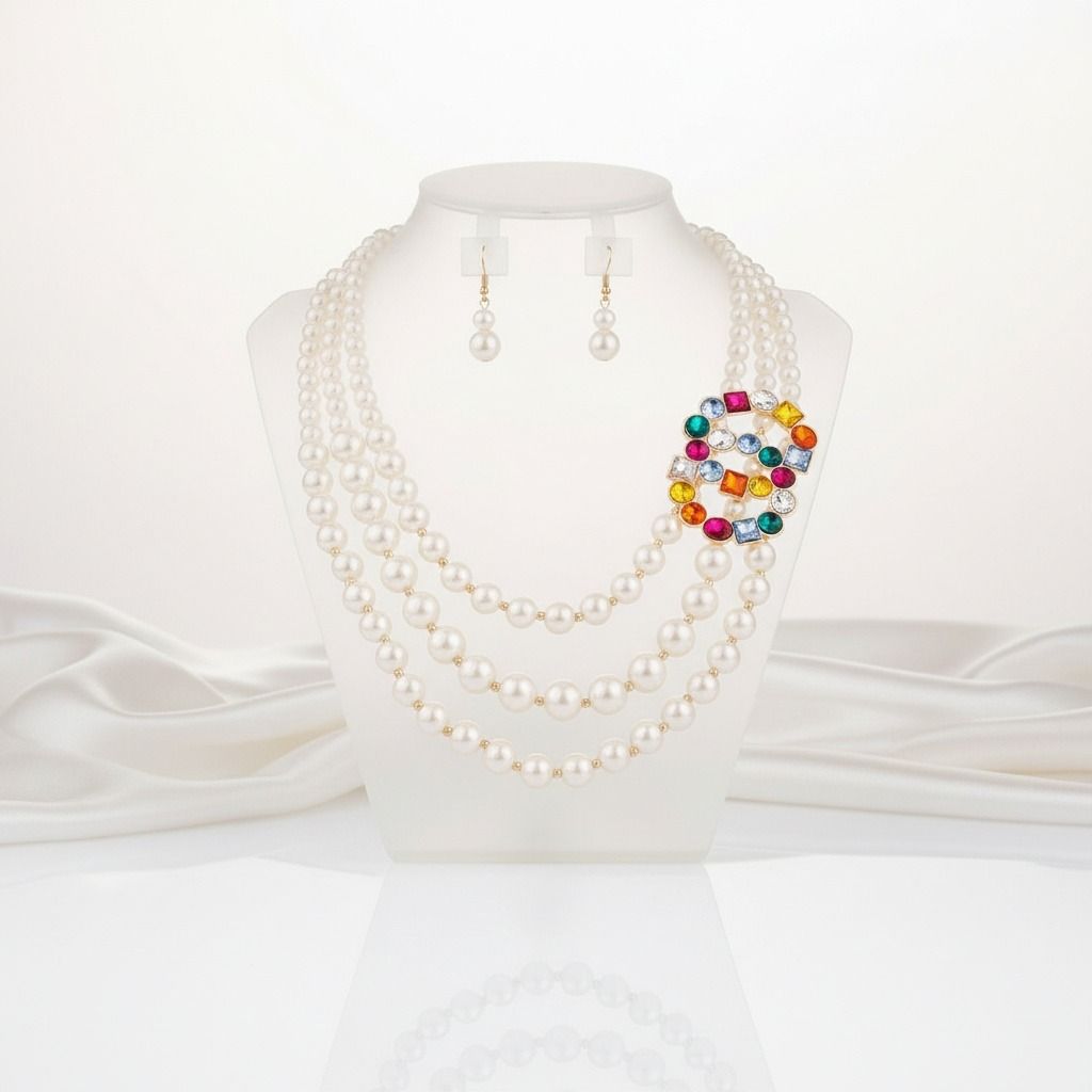 Multi-Color Infinity Ring and 3-Layer Pearl Necklace Set – Stylish Layered Statement Jewelry