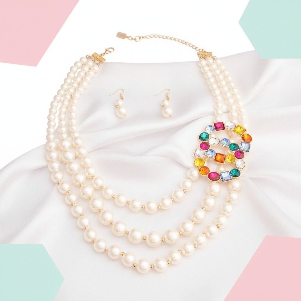 Multi-Color Infinity Ring and 3-Layer Pearl Necklace Set – Stylish Layered Statement Jewelry