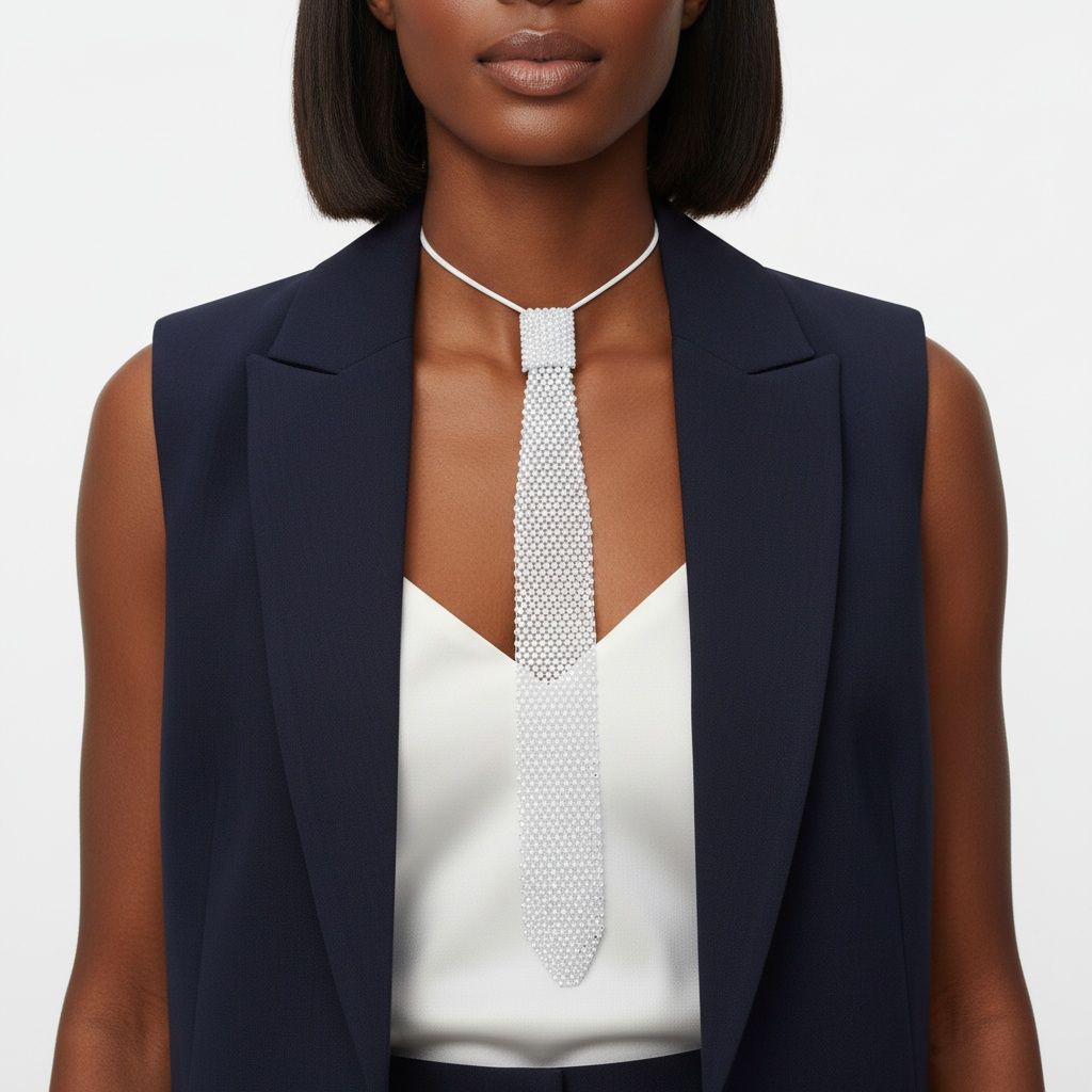 Statement Choker Necklace White Mesh Bling Tie Boss Lady Trendy Accessory