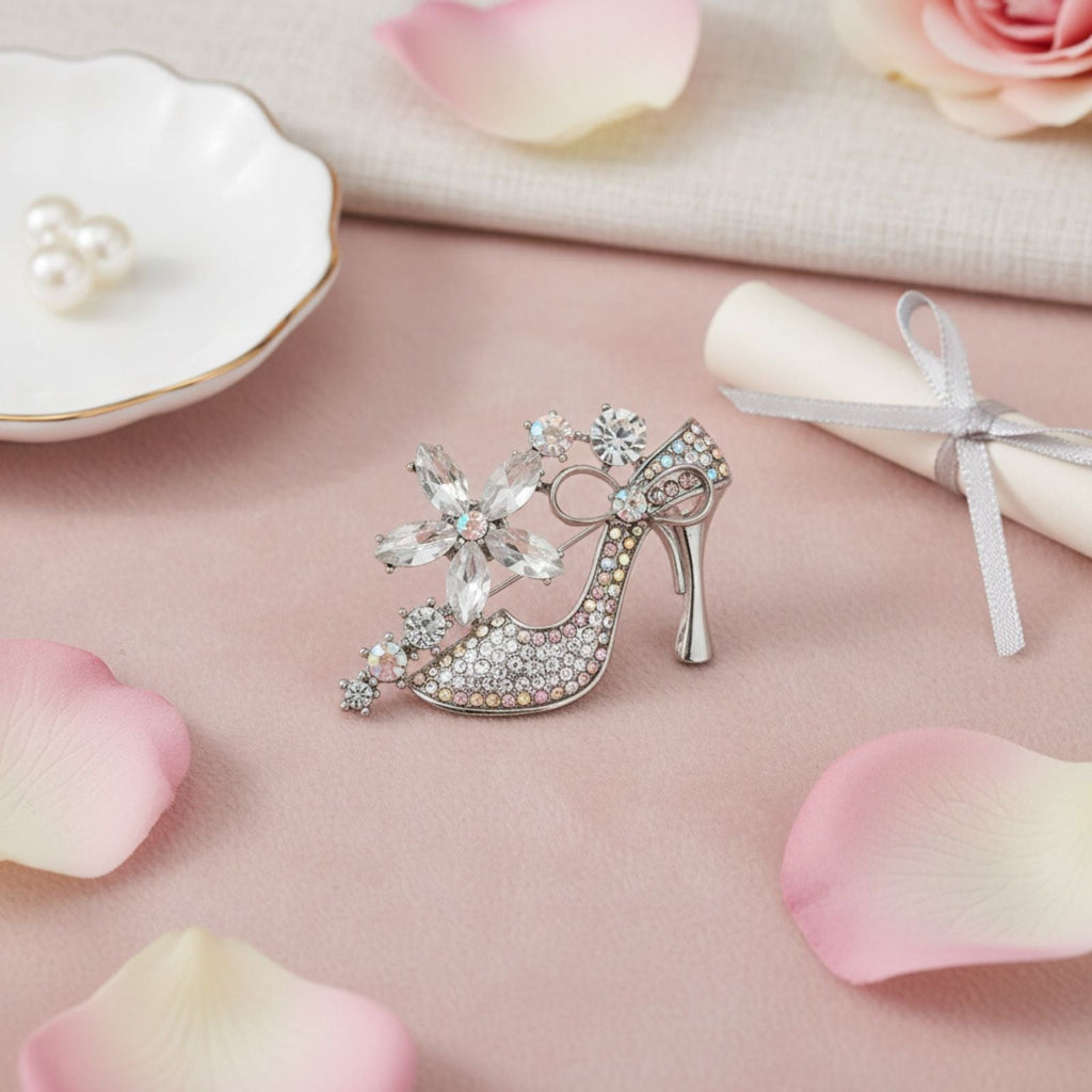 Fashion Brooch Silver Pin Clear Crystal High Heel Flower Stylish Accessory