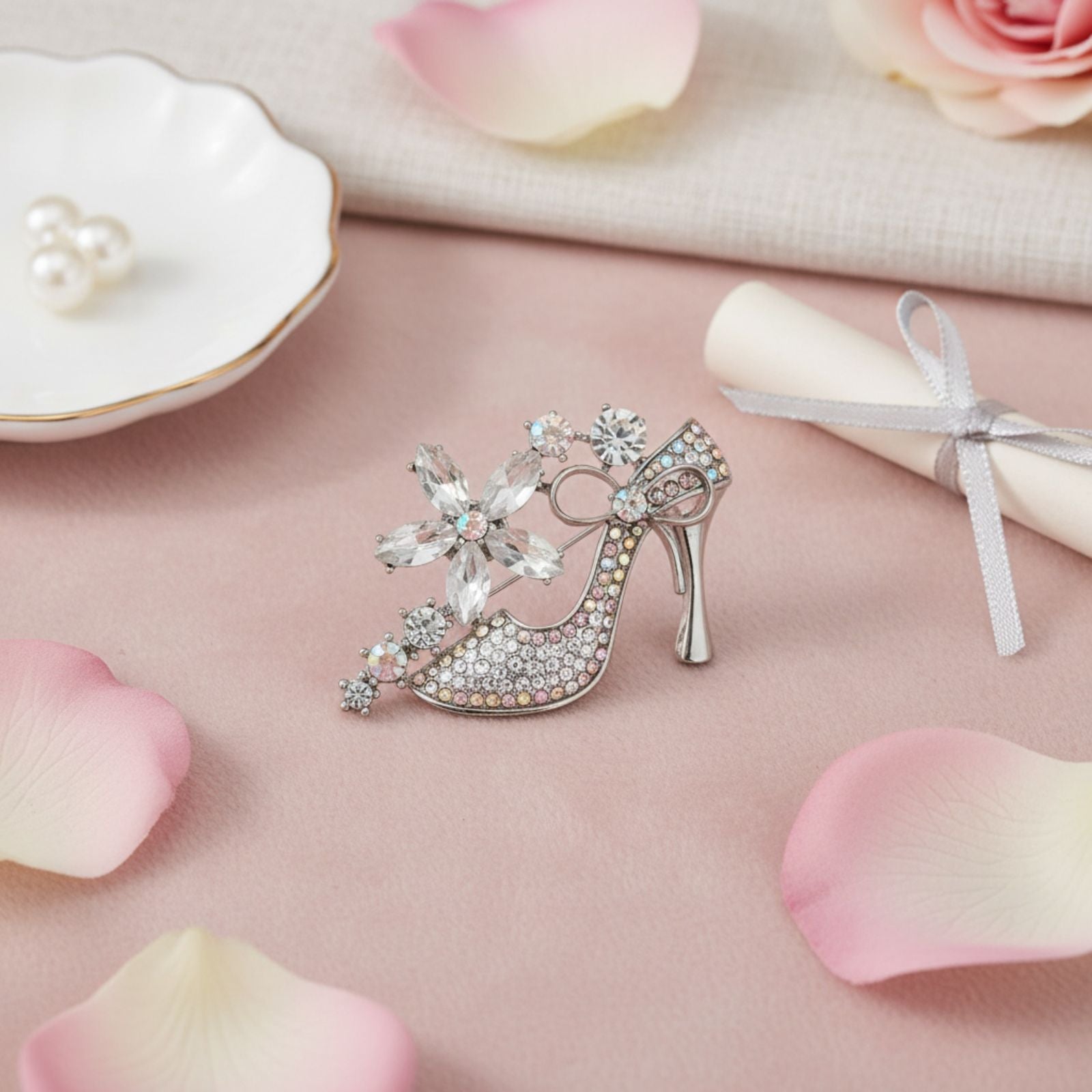 Fashion Brooch Silver Pin Clear Crystal High Heel Flower Stylish Accessory