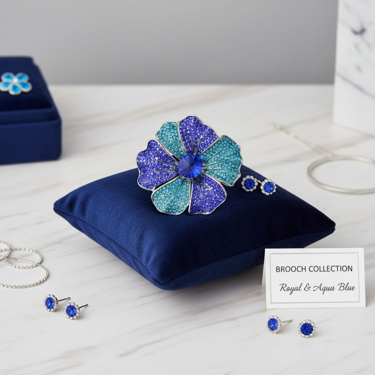 Statement Brooch Large Silver Flower Pin with Royal and Aqua Blue Accents