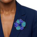 Statement Brooch Large Silver Flower Pin with Royal and Aqua Blue Accents