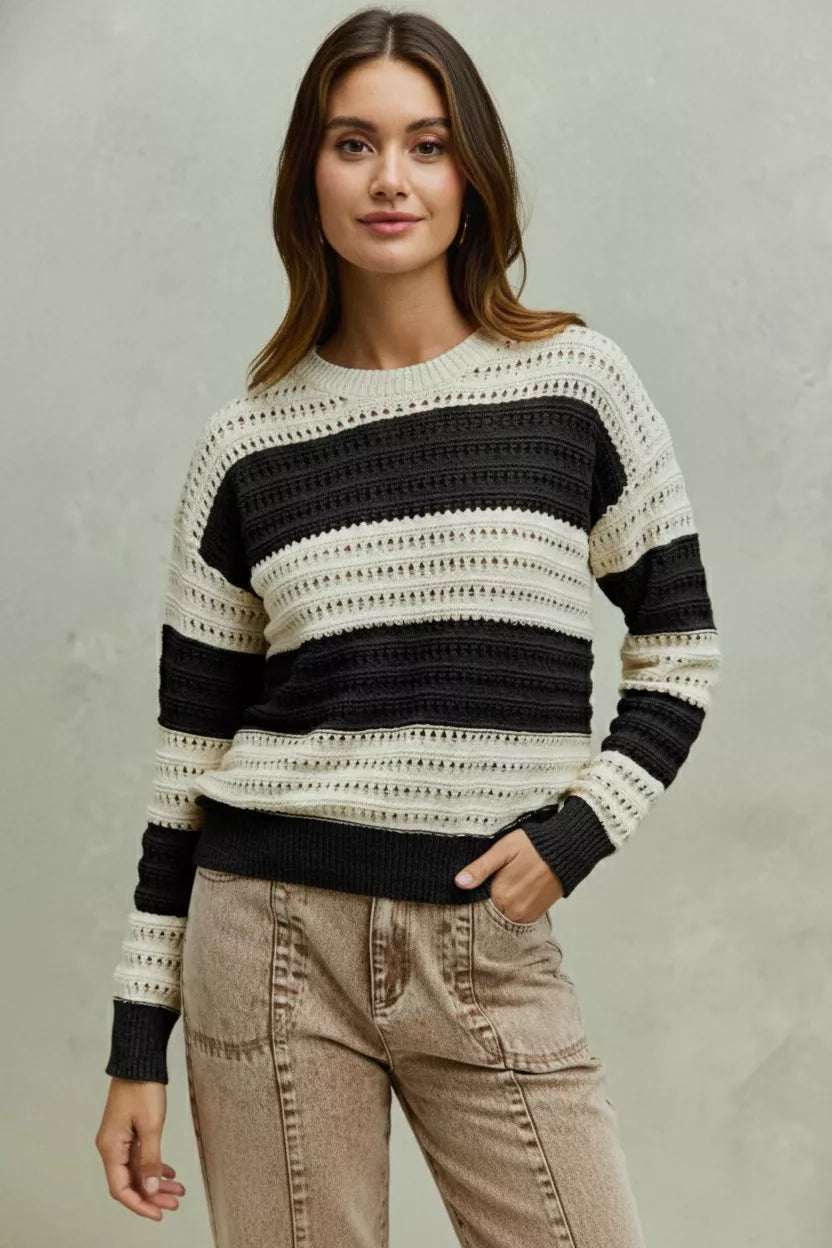 Openwork Round Neck Wide Stripe Textured Sweater