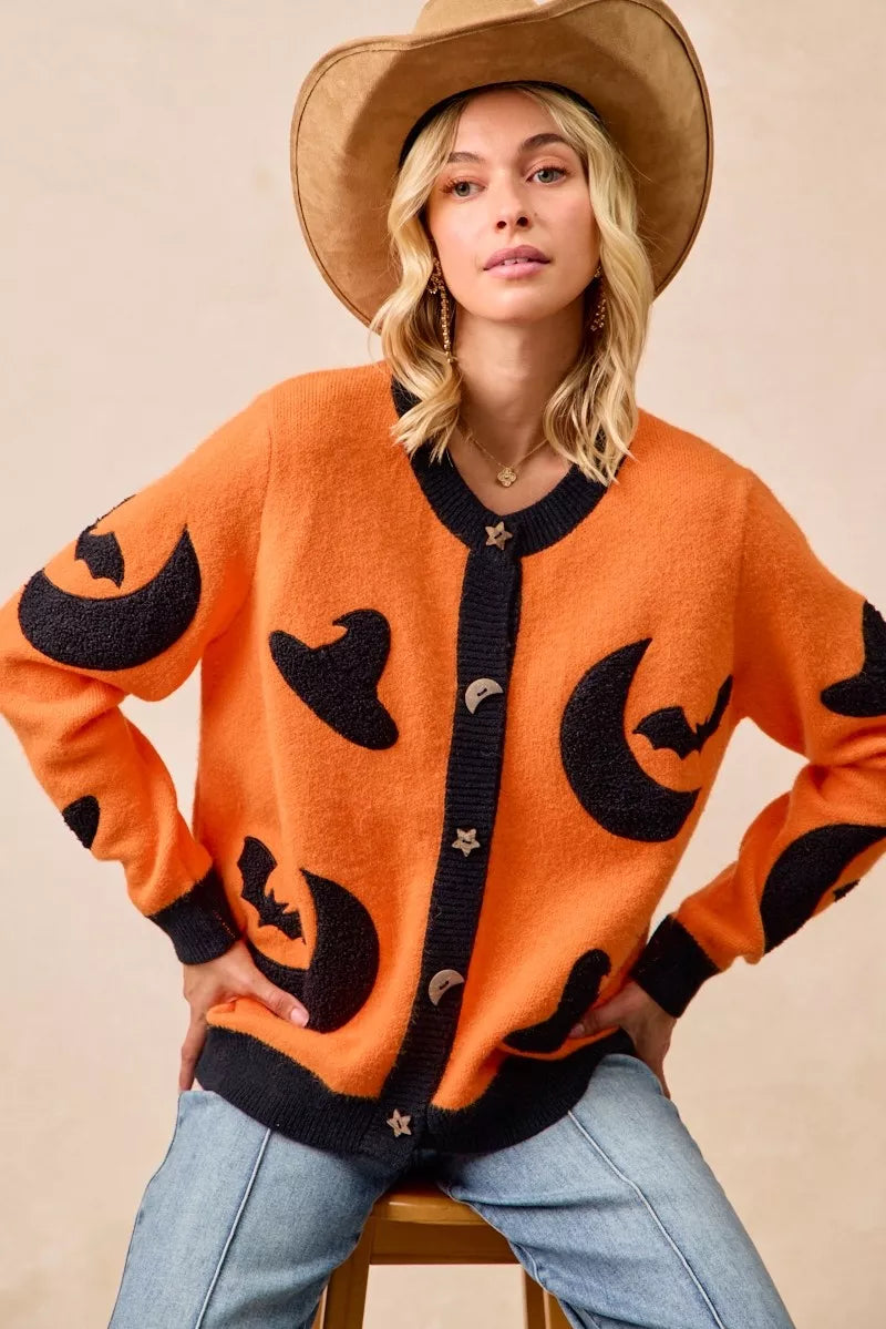 Halloween Witch Hat Moon Bat Artwork Cardigan