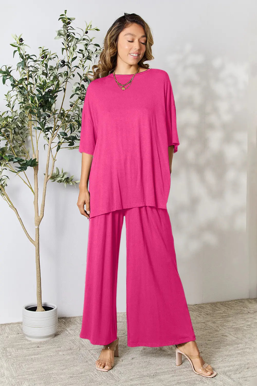 I am a Fashion Junky Full Size Round Neck Slit Top and Pants Set