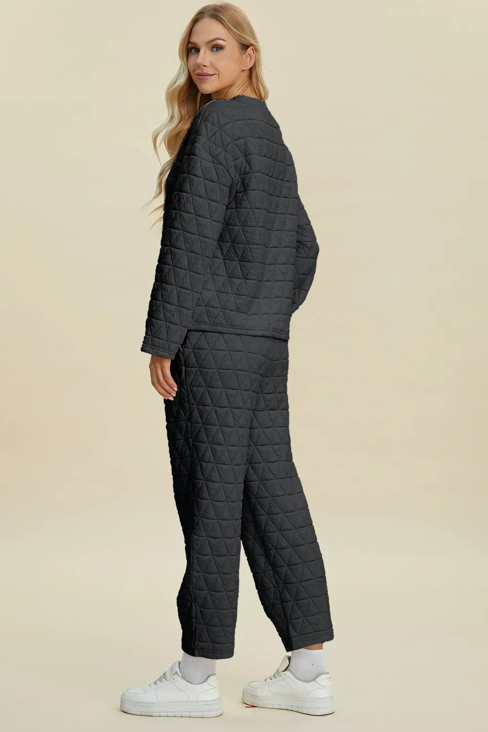 I am a Fashion junky Full Size Texture Round Neck Long Sleeve Top and Pants Set