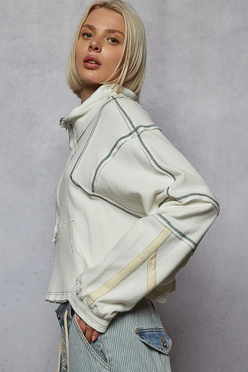 Contrast Stitching Zip Front Sweatshirt