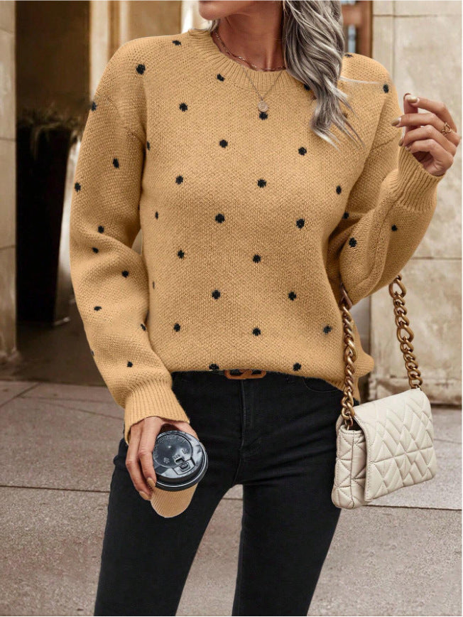 Ins Polka Dot Print Pullover Sweater Fashion Casual Long-sleeved Jacquard Knitted Top Winter Round Neck Clothing For Women
