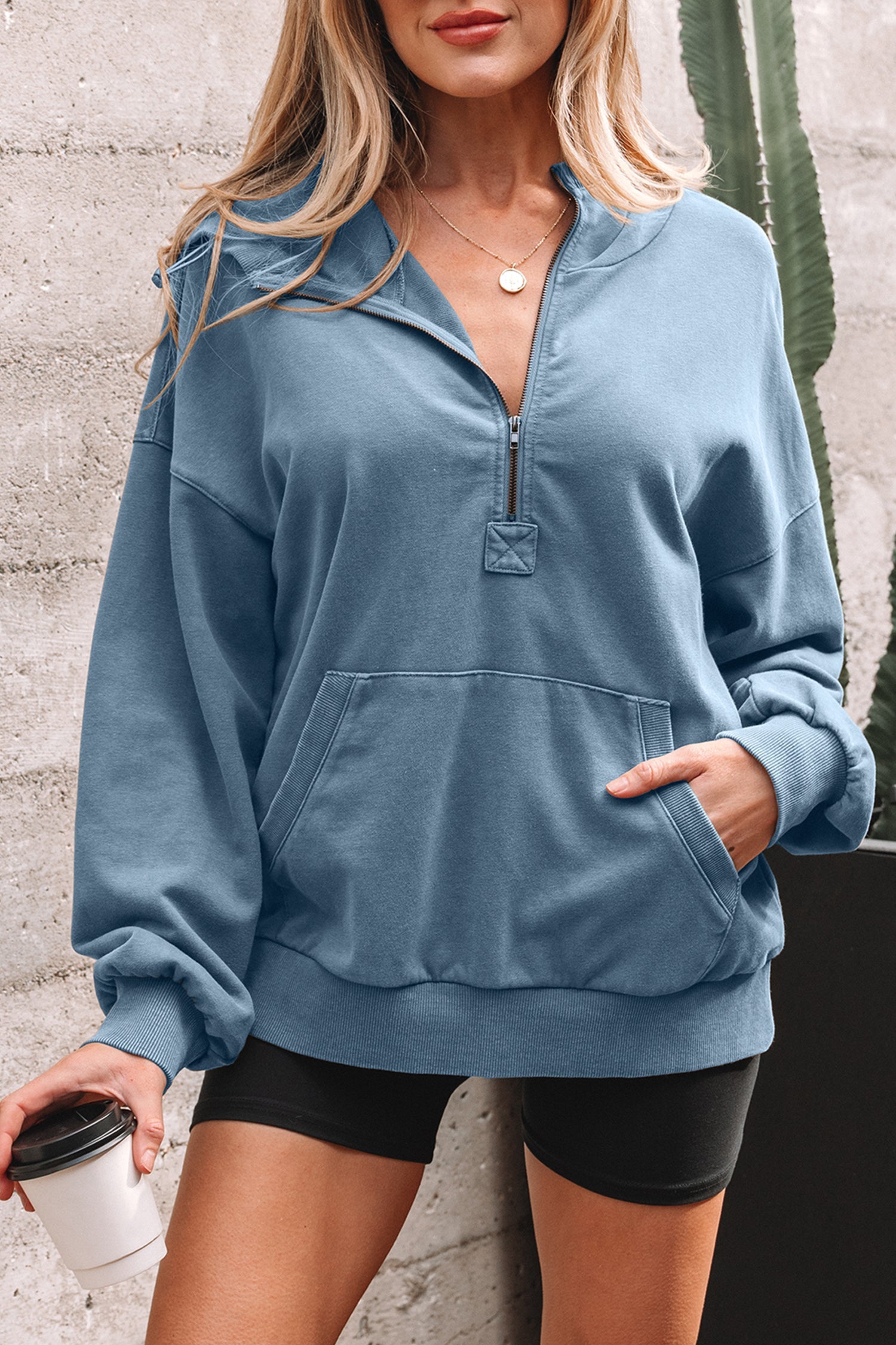 Half Zip Kangaroo Pocket Mineral Wash Baggy Hoodie