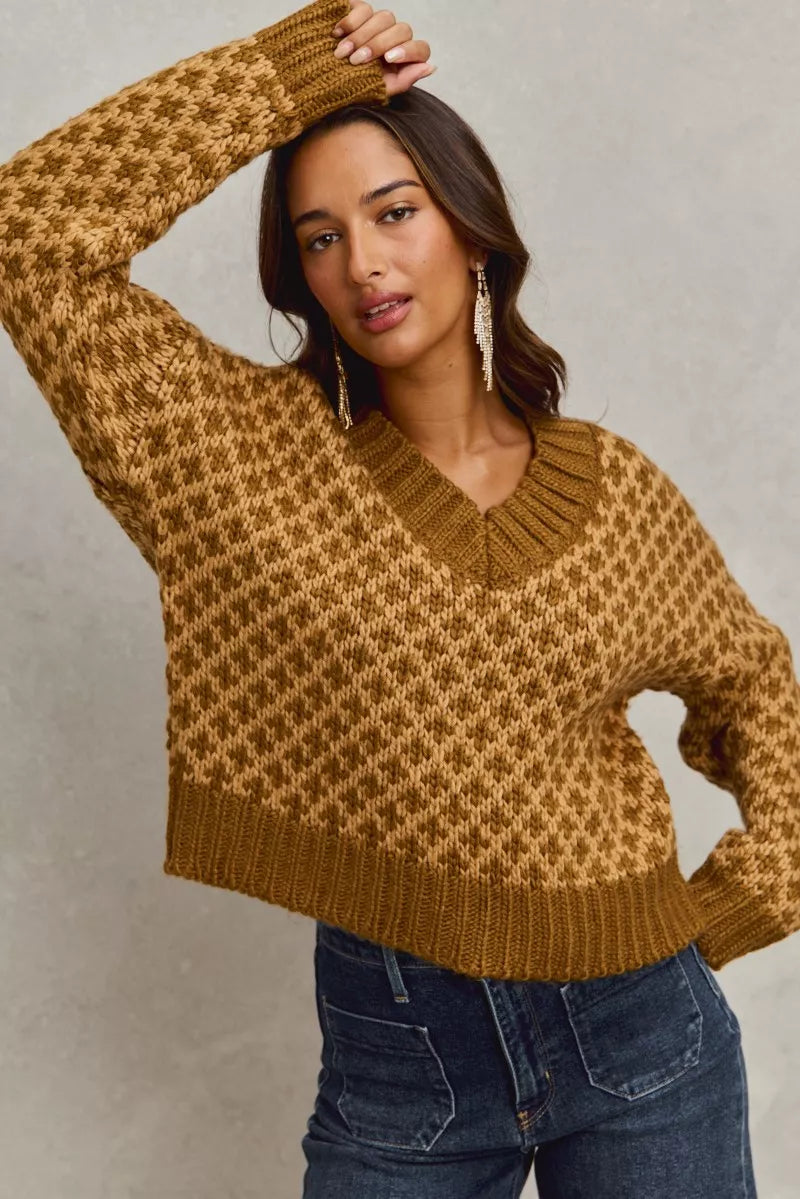 Color Block Textured Christmas Sweater V Neck Top