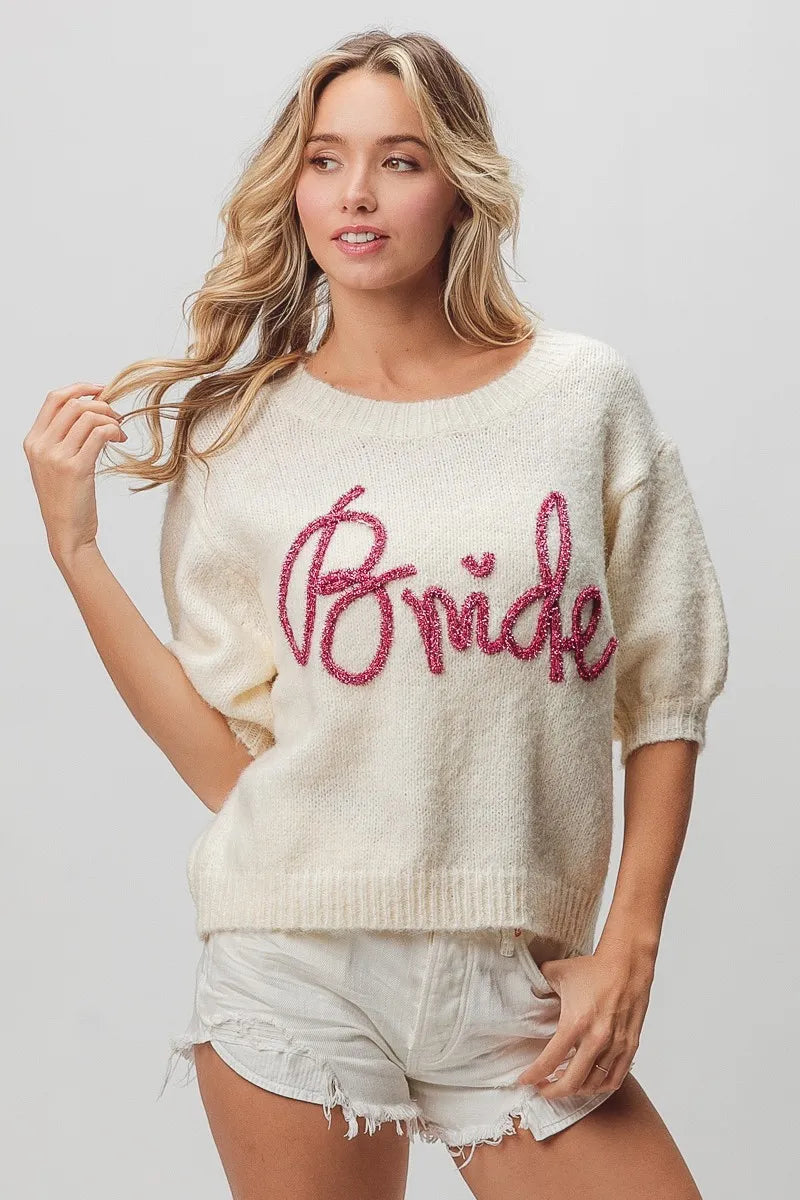 Metallic Letter Short Puff Sleeve Hairy Sweater