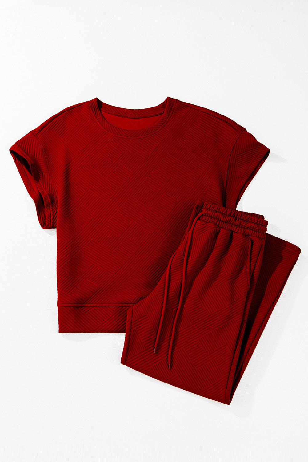 Strawberry Pink Textured Loose Fit T Shirt & Drawstring Pants Set