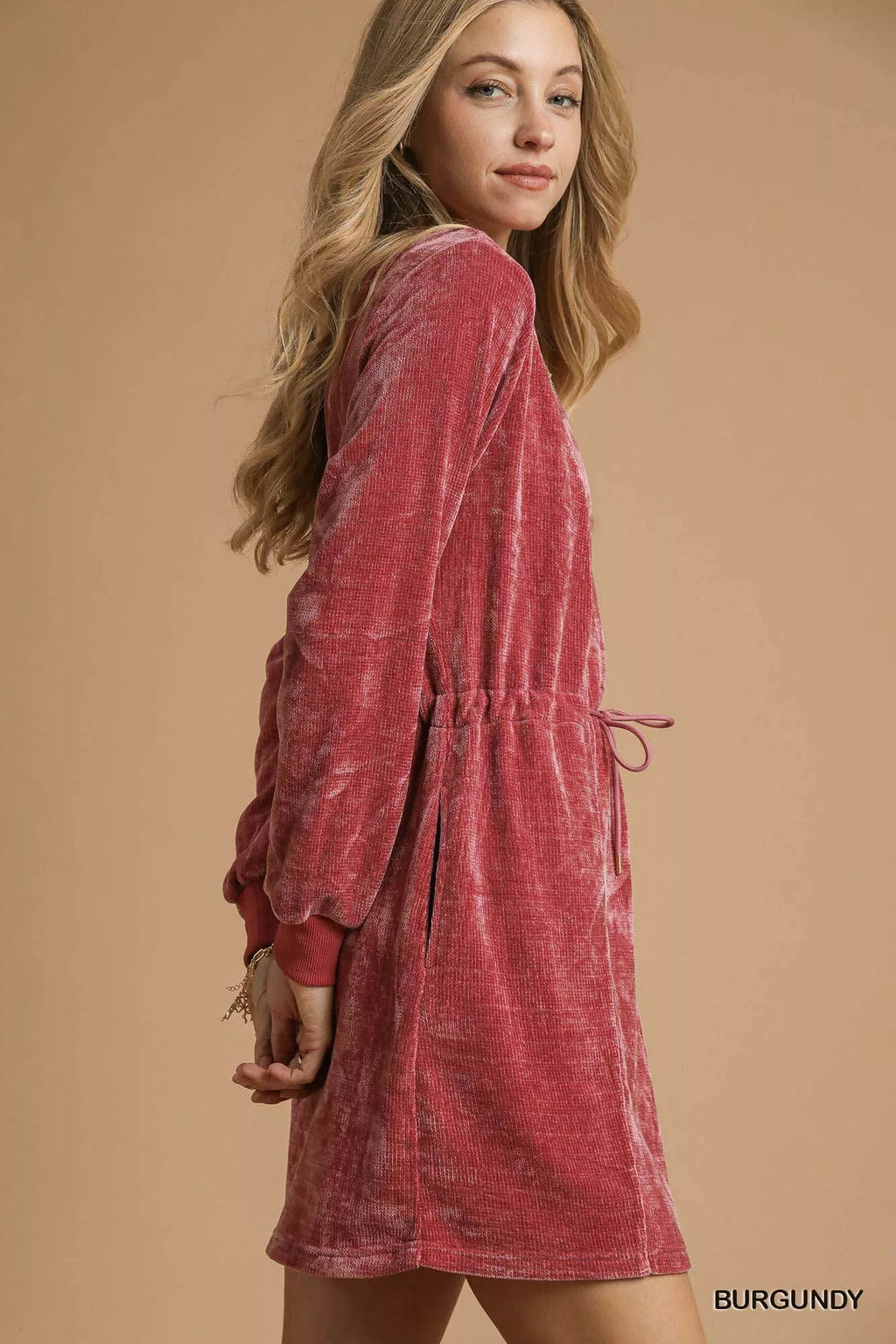 Velour Drawstring Mini Dress with Long Sleeves