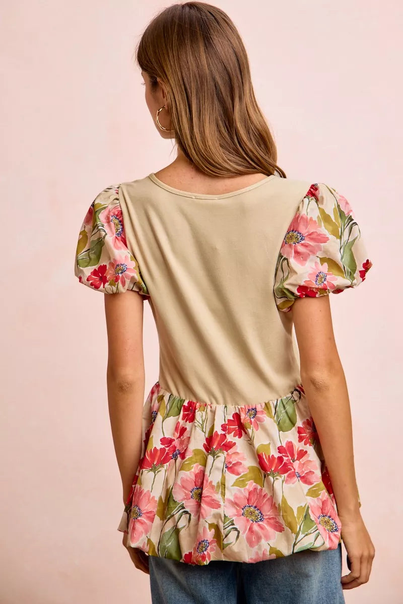 Floral Printed Bubble Sleeves and Hem Peplum Top