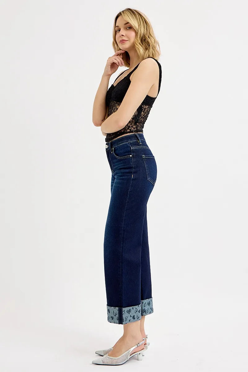 I am a Fashion Junky Full Size Mid Rise Fit Crop Wide With Printed Cuff Jeans Plus Size