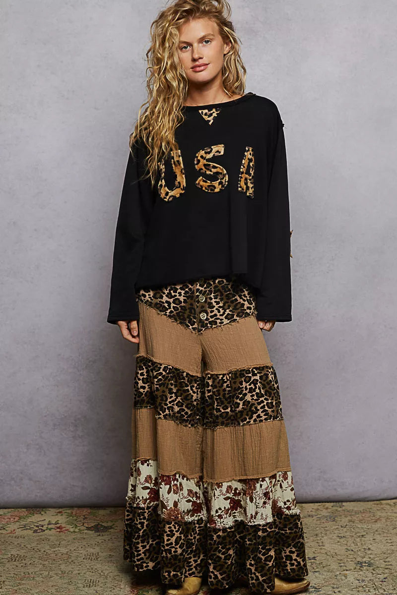 Round Neck Long Sleeve French Terry Sweatshirt with USA Letter Animal Patch