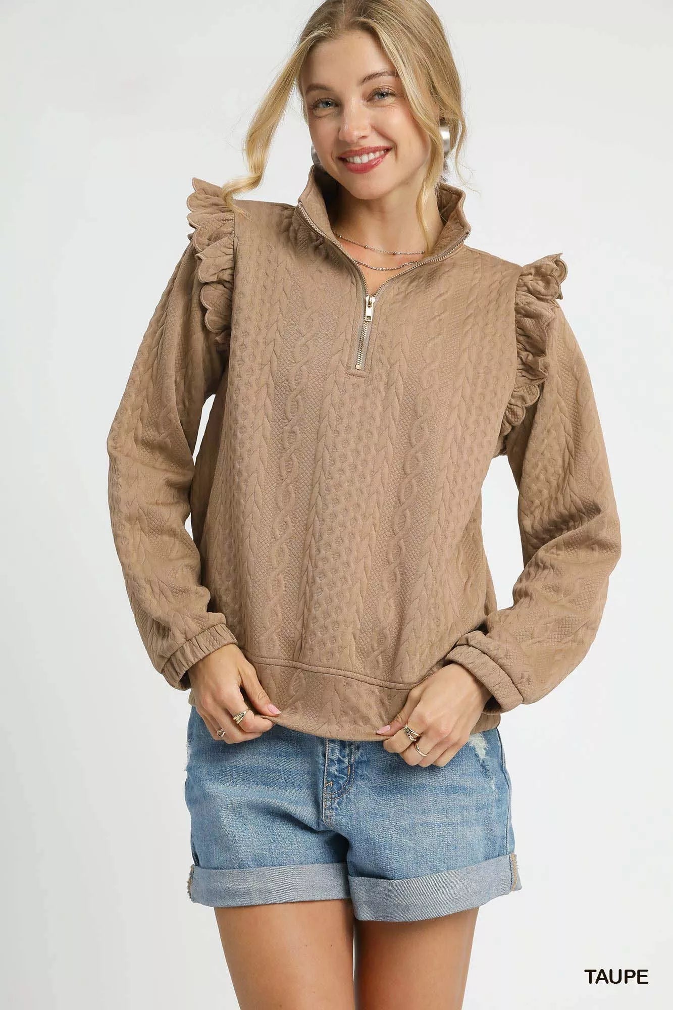 Cable Knit Textured Pullover with Ruffle Shoulders