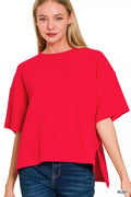 Full Size Double Knit Side Slits Hi Low Short Sleeve Top Plus Size