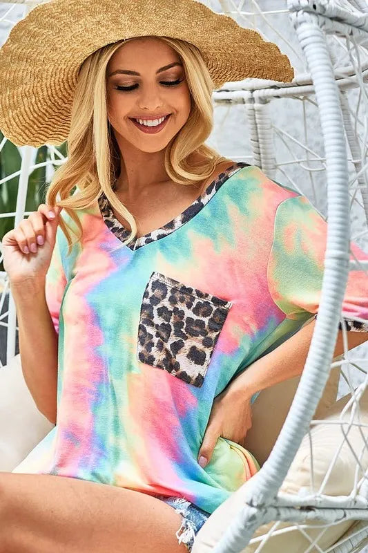 Tie Dye Print V Neck Top With Front Patch Pocket