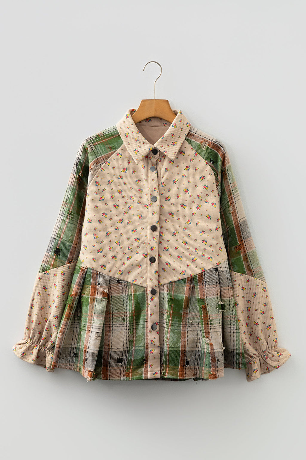 Mist Green Boho Floral Plaid Patchwork Distressed Detail Ruffled Sleeve Waffle Knit Shacket