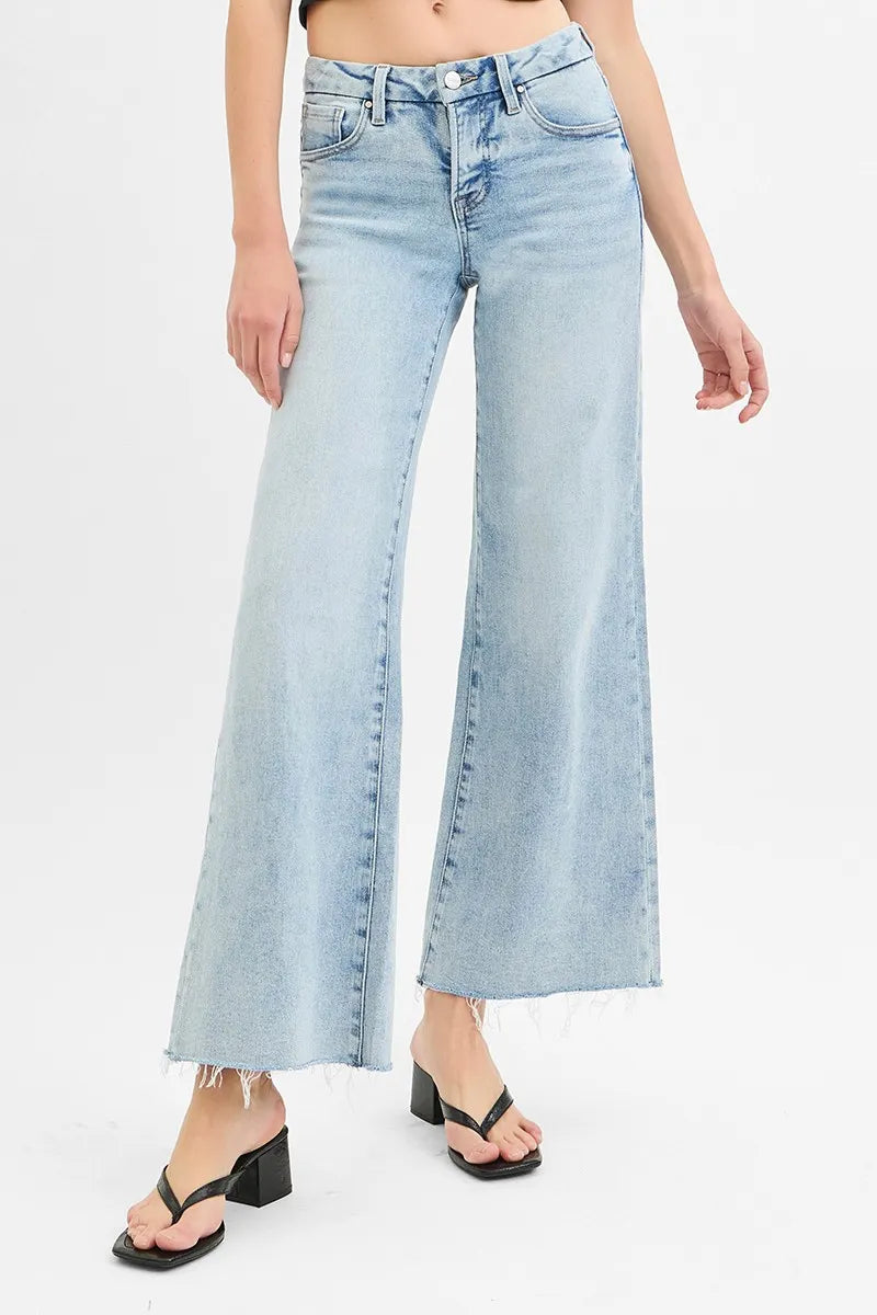 Full Size Tummy Control Low Rise Wide Leg Raw Cut Hem Jeans Plus Size