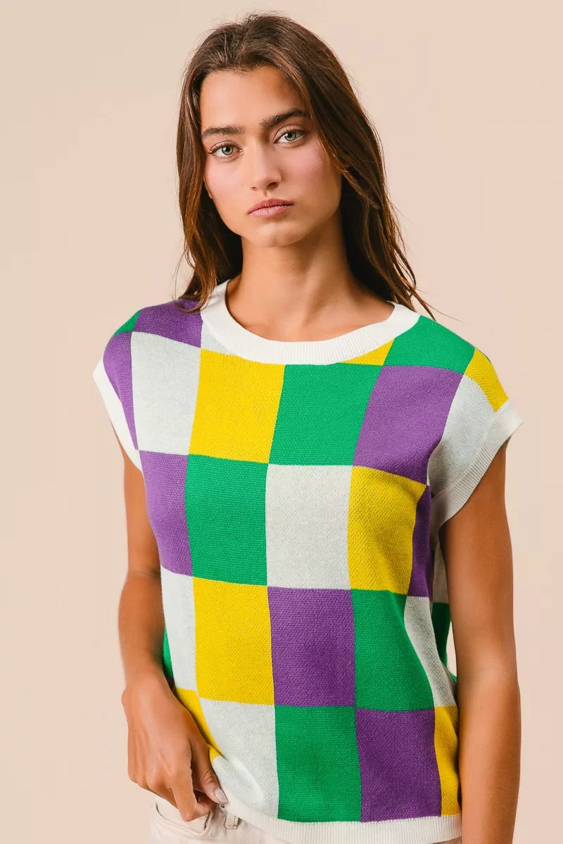 Mardi Gras Checker Pattern Sleeveless Sweater Top