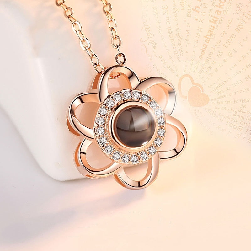 925 Sterling Silver Love Necklace, Memory In  Languages, Cherry Blossom Pendant Necklace