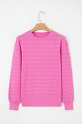 Bright Pink Trendy Pattern Knit Ribbed Cuffs Crew Neck Sweater