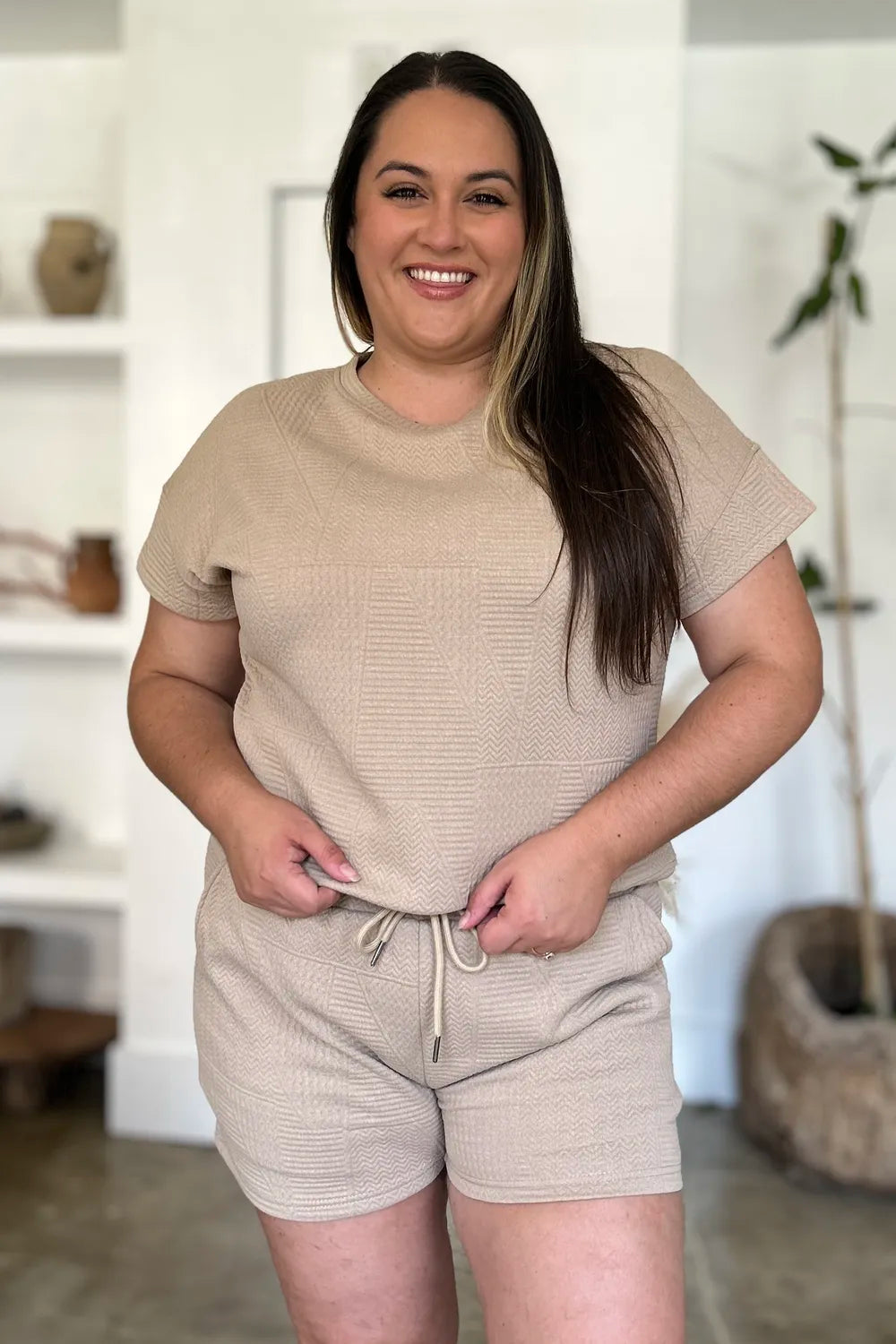 I am a Fashion Junky Full Size Texture Short Sleeve Top and Shorts Set