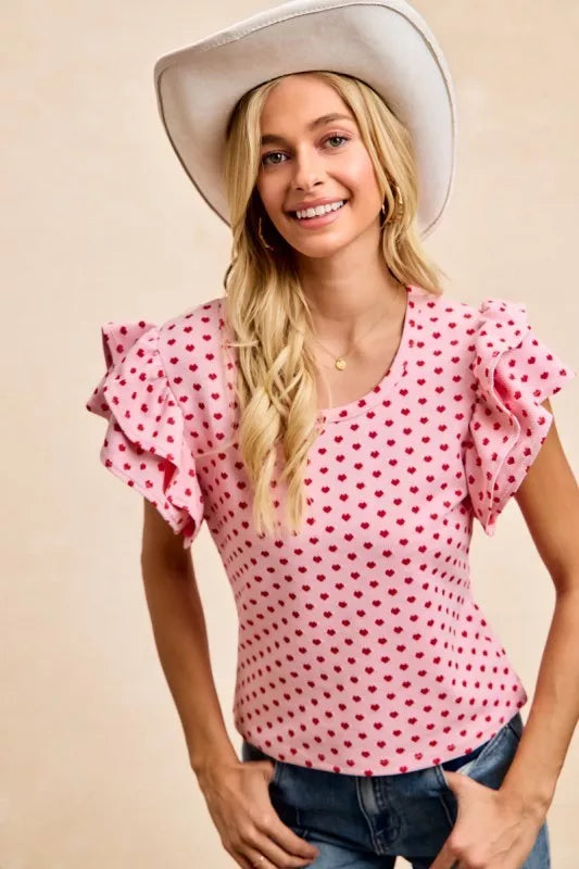 Heart Patterned Knit Ruffled Sleeves Top